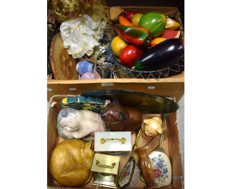 Boxes and Objects - An onyx mantel clock; a bowl of wooden carved fruit and vegetables; other wood carved figures, plaques an