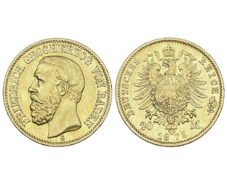 Baden, Friedrich I (1852-1907), 20-marks, 1873-G and 10-marks, 1876-G (J. 184, 186), very fine to good very fine  (2)