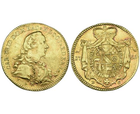 Baden-Durlach, Karl Friedrich, ducat, 1751, Durlach mint, armoured bust right, signed s (for A. Schaeffer) below, rev., crown