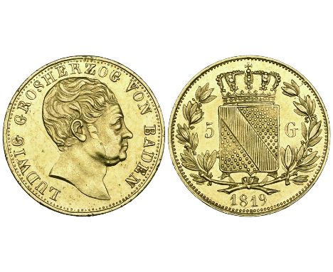 Baden, Ludwig I, 5 gulden, 1819, bare-headed bust right, without engraver’s initial, rev., crowned square shield dividing val