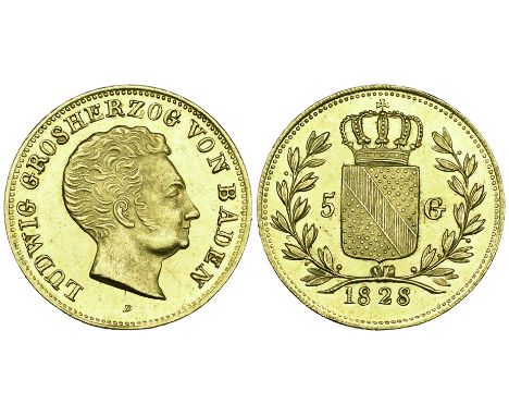 Baden, Ludwig I, 5 gulden, 1828, similar type, 3.44g (Wielandt 846; KM 190) light hairlines, good extremely fine