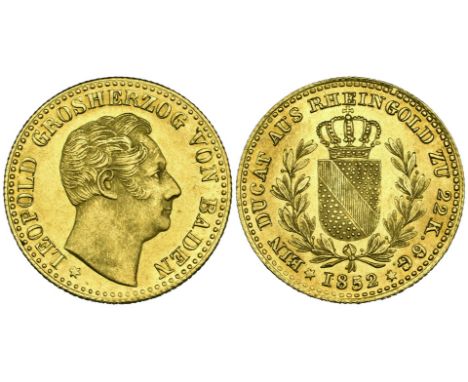 Baden, Karl Leopold Friedrich, Rheingold ducat, 1852, Roman I in date, second (posthumous) issue, with six-pointed star below