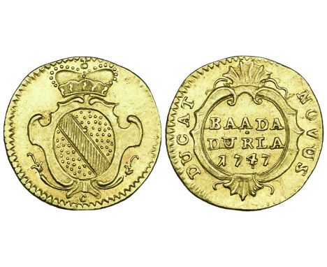 Baden-Durlach, Karl Friedrich as Margrave in Durlach, quarter-ducat, 1747, Durlach mint, crowned shield, c below, rev., ducat