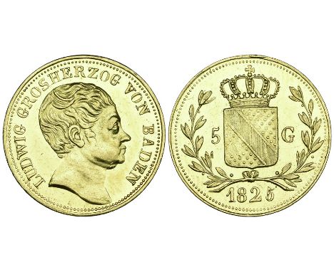 Baden, Ludwig I, 5 gulden, 1825, similar type, edge plain, 3.43g (Wielandt 843; KM 176.2) scattered surface marks, extremely 