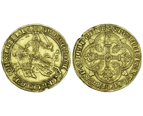 Lodewijk v. Male (1346-1384), gouden rijder, Ghent, undated (1361-1364), Count on horseback charging right, helmeted and wear