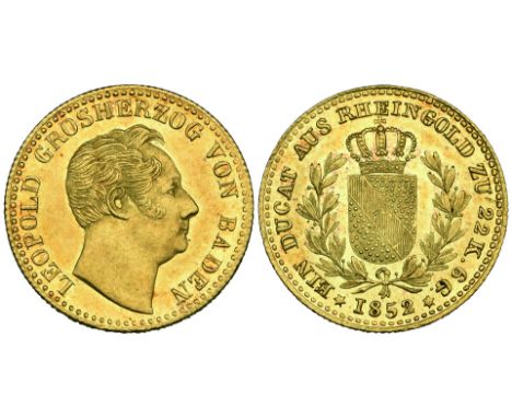 Baden, Karl Leopold Friedrich, Rheingold ducat, 1852, Roman I in date, first issue, plain below bust, 3.66g (Wielandt 922; KM