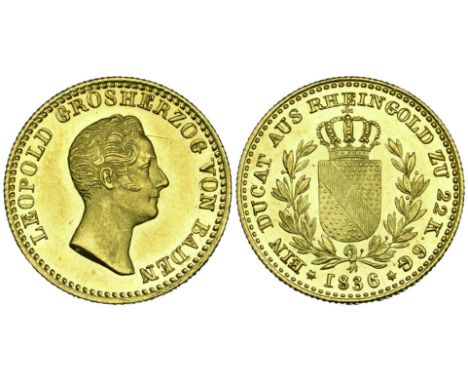 Baden, Karl Leopold Friedrich, Rheingold ducat, 1836, 3.69g (Wielandt 906; KM 201) surface scratch in field before forehead, 