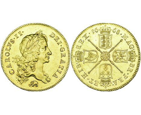 Charles II (1660-1685), five-guineas, 1668, first laureate bust left with pointed truncation, elephant below, rev., crowned c