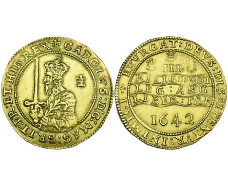 Charles I (1625-1649), Oxford mint, triple-unite, 1642, i.m. Oxford plume on obverse only, crowned half-length bust left hold