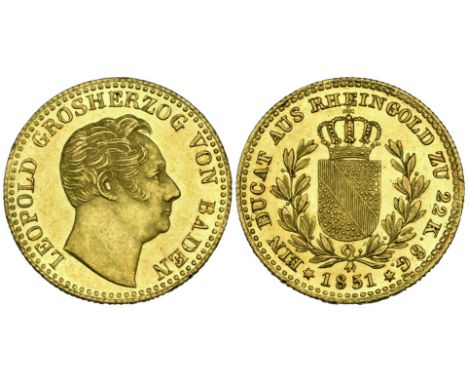 Baden, Karl Leopold Friedrich, Rheingold ducat, 1851, both ‘1’s in date corrected, 3.67g (Wielandt 921; KM 223.1) small rim f