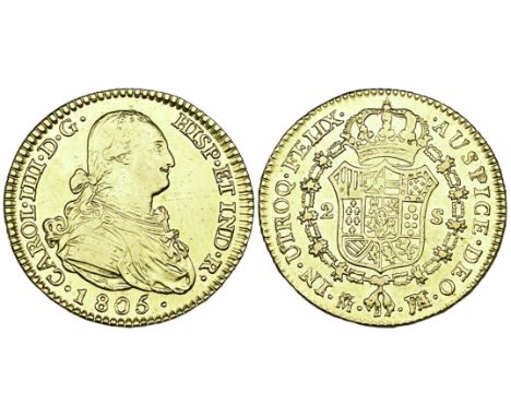 Spain, Charles IV, 2 escudos, 1805 M-FA, and gold 1 escudo, 1807 M-FA, both Madrid Mint, cuirassed bust right, date below, re