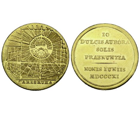 Baden, Birth of Princess Luise Amalie Stephanie, 1811, gold medal of 3 ducats weight, by Johann Martin Buckle, City plan of K