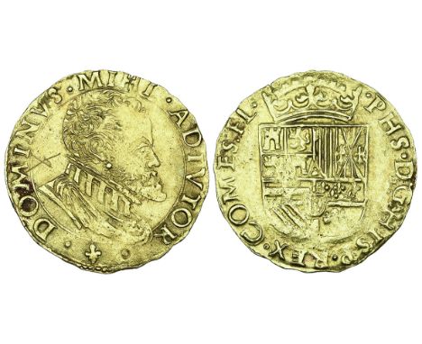 Filips II (1555-1598), First Coinage, halve gouden reaal, undated, without English title (1560-1567), bare-headed bust right,