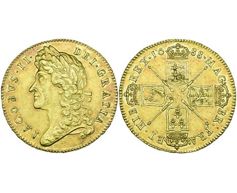 James II (1685-1688), five-guineas, 1688, second bust left, plain below, rev., crowned cruciform shields with sceptres in ang