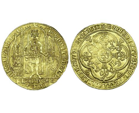 Lodewijk v. Male (1346-1384), gouden Flandres, Ghent, undated (1369-70), Count standing on Gothic dais, wearing coat-of-arms 