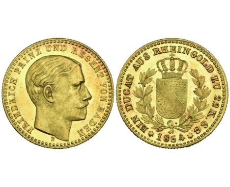 Baden, Friedrich I as Prince Regent (1852-56), Rheingold ducat, 1854, 3.67g (Wielandt 1062; KM 227) small metal flaw on rim a