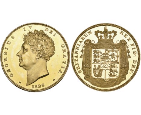 George IV, proof five-pounds, 1826, by Wyon and Merlen, bare head left, rev., crowned and garnished shield on mantle, lettere