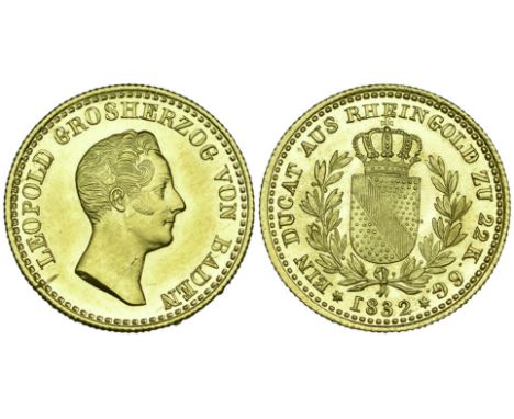 Baden, Karl Leopold Friedrich (1830-52), Rheingold ducat, 1832, bust right, rev., crowned square-topped shield in laurel wrea