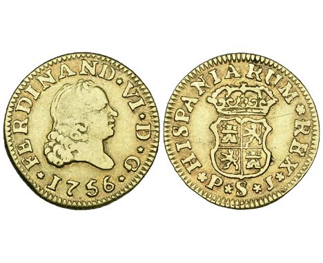 Spain, Ferdinand VI (1746-1759), half escudo or durillo (2), 1756 S-PJ, 1758 S-JV with roses, both Seville mint, bare head ri