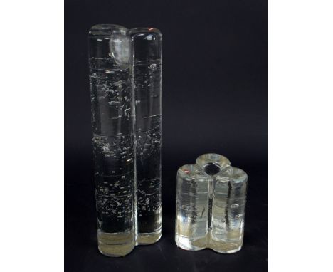 IITTALA; a triple sectioned glass candlestick, height 22.5cm, and a matching smaller example, height 8.5cm, both with origina