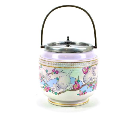 WILEMAN &amp; CO; a Foley semi-porcelain biscuit barrel decorated with cats on tree branches and with silver plated mounts an