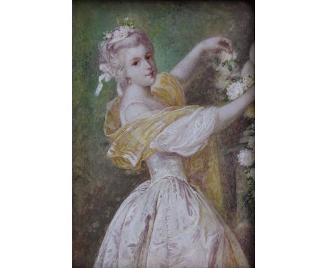 LATE 19TH CENTURY ENGLISH SCHOOL; rectangular portrait miniature of a young woman arranging flowers, unsigned, 12 x 8cm, in c