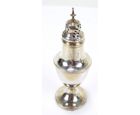 HESTER BATEMAN; a George III hallmarked silver baluster sugar caster with pierced bell shaped cover, on spreading circular fo