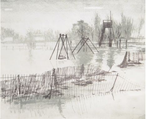 AFTER LYNTON LAMB; lithograph, 'Flooded Playing Field 1950s', faintly inscribed verso, 27.5 x 35cm, framed and glazed. (D) CO
