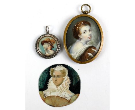 A 19th century ivory oval portrait miniature of a young lady, 6 x 4.5m, in base metal frame, a further unframed example and a