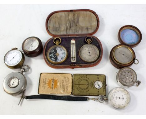 A cased travelling compass thermometer and compensated barometer by Dollond, Ansonia Clock Co 'Sunwatch' travelling barometer