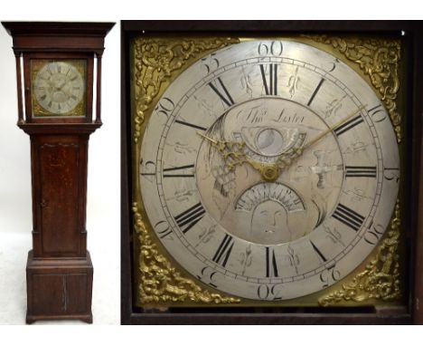 A George III oak longcase clock, the moulded cornice above 12" square brass dial with silvered chapter ring, inscribed 'Thos 