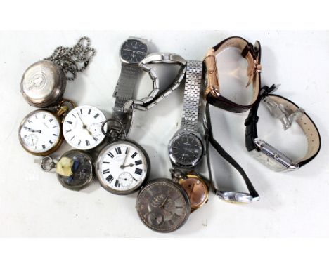 A group of pocket watches including silver open face examples, base metal example, movement only, also a Newmark wristwatch, 