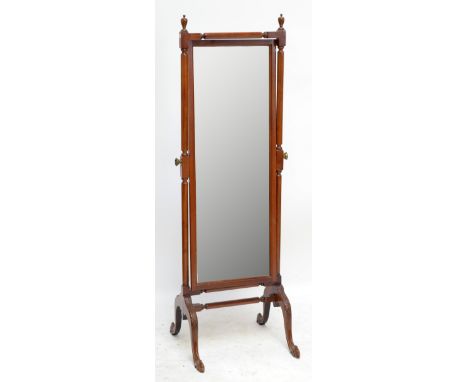 A mahogany cheval mirror with rectangular plate held by turned uprights to knee carved outswept supports, height 159cm.