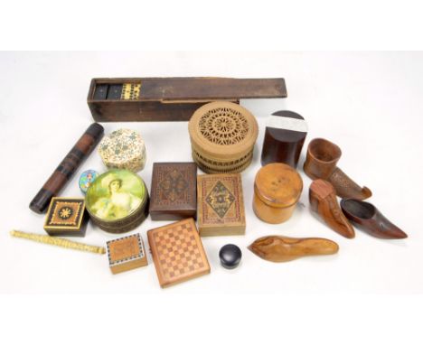 A collection of treen to include a cricket cage, a shoe shaped snuff box, a pair of Tunbridge ware trinket boxes, etc, also b