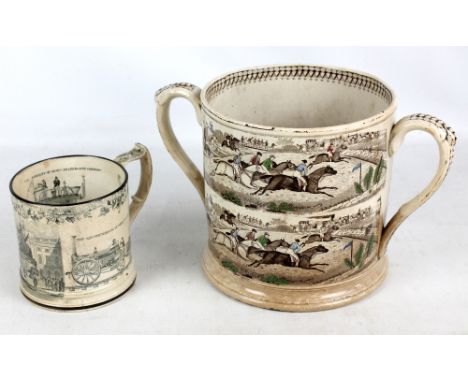 A very large 19th century twin handled cylindrical cup transfer decorated with bands of racing scenes, unmarked, height 20.5c