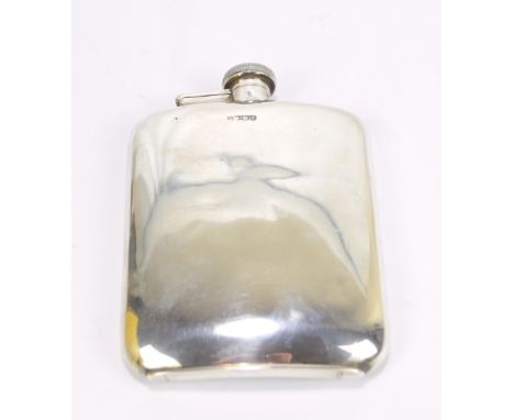 A George VI hallmarked silver hip flask of curved form with screw cap, Sheffield 1941, 14 x 10cm, approx 5.8ozt.