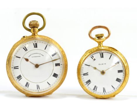 THOMAS RUSSELL &amp; SON OF LIVERPOOL; an early 20th century 18ct gold open face crown wind fob watch, the circular enamel di