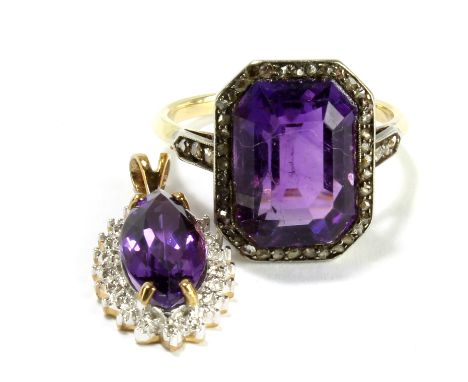 A 9ct yellow gold pendant set with central navette shaped amethyst, length including bail 2.4cm, approx 1.7g and an amethyst 