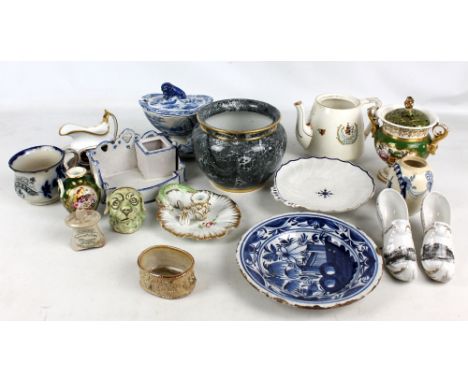 A group of 18th century and later porcelain tea cups including New Hall and Worcester, also a group of various ceramics inclu