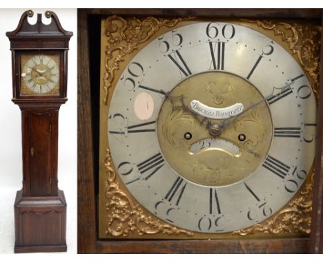 A George III and later eight day longcase clock, the broken swan neck pediment above 13" square brass dial with silvered chap