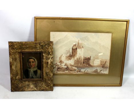 UNATTRIBUTED; watercolour, a 19th century Continental scene depicting ruins of church or townhouse against mountainous backdr