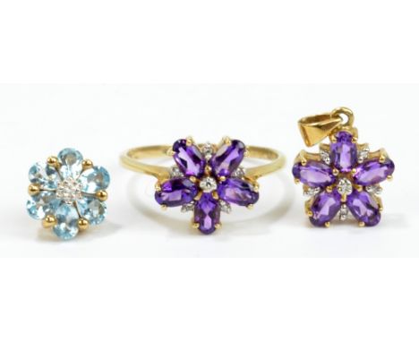 A 9ct yellow gold and amethyst floral ring set with five oval stones alternating with six melee diamonds, size O, a matching 