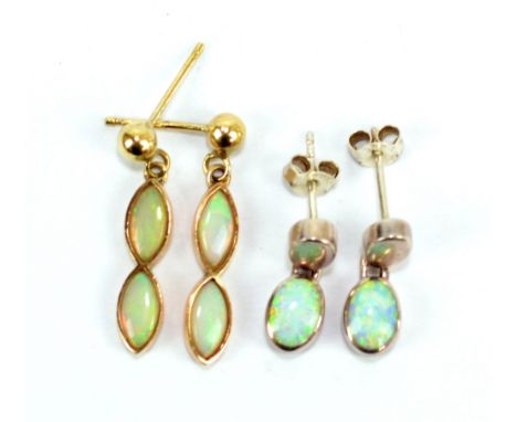 A pair of yellow metal and opal drop ear studs, each with two marquise shaped cabochons total approx 1.2ct, approx 1.7g, and 