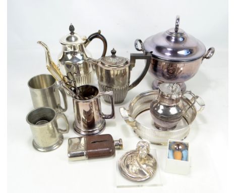 A small group of electroplated items to include a soup serving bowl and cover, a mug, a hot water pot and a hip flask with co