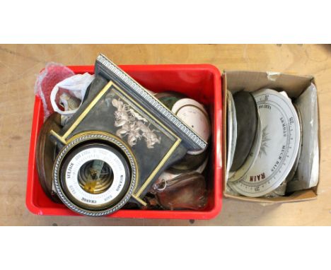 A large collection of white enamel barometer dials, also a porcelain barometer case, a French glass barometer and various bar