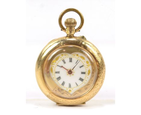 A 14ct yellow gold crown wind fob watch with unusual heart shaped white enamelled dial set with Roman numerals and with trace