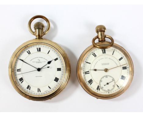 A gold plated crown wind open face pocket watch, with white enamel dial and a further similar with subsidiary seconds hand (2