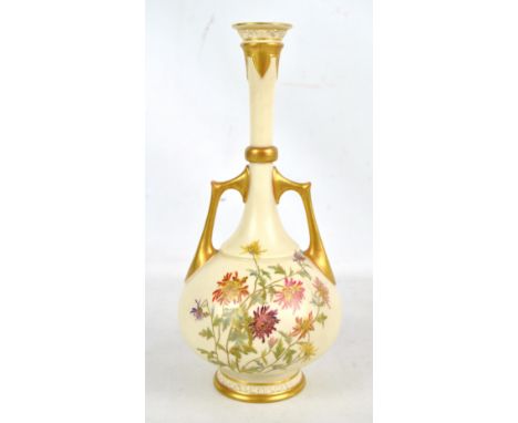 A Royal Worcester blush ivory gilt heightened vase decorated with floral sprays and with pierced rim, marked in puce to base,