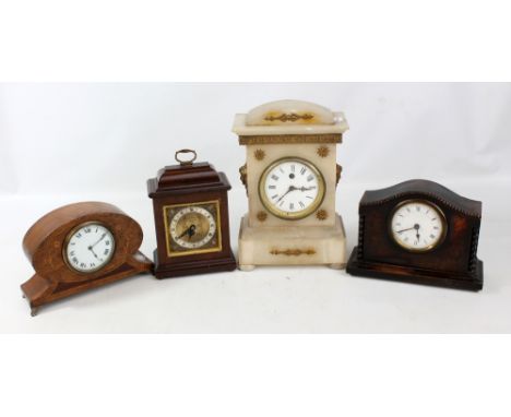 A late 19th century alabaster mantel timepiece with white enamel dial and three further timepieces (4).