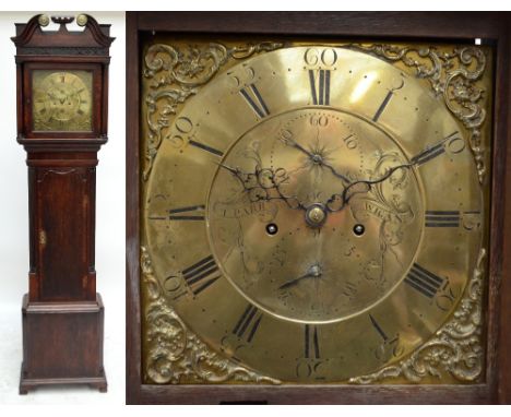 A late George III oak and mahogany crossbanded eight day longcase clock, the 13" square brass dial inscribed 'T Parr, Wigan',